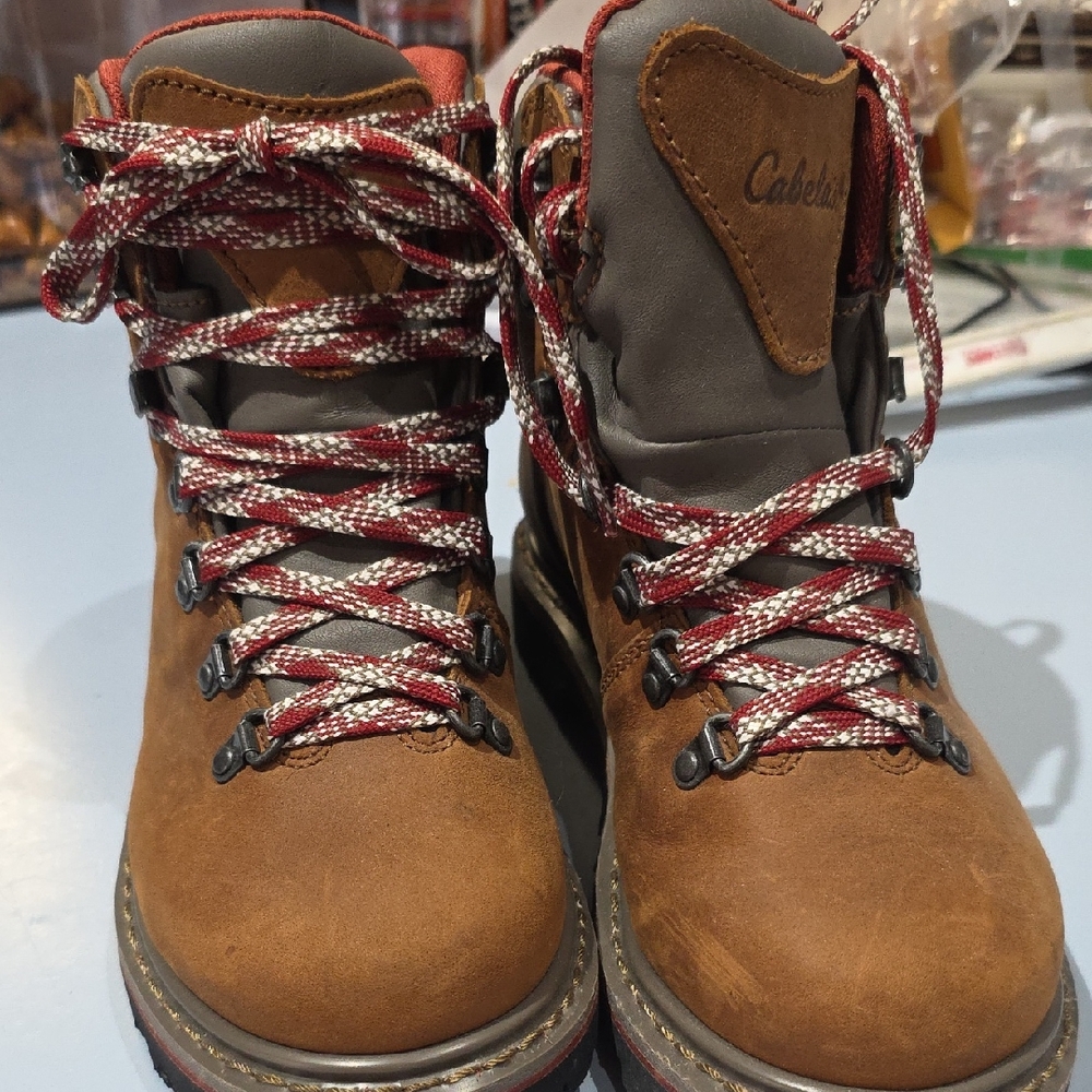 Cabela's Brown and Gray Leather Hiking Boots with Red Laces
